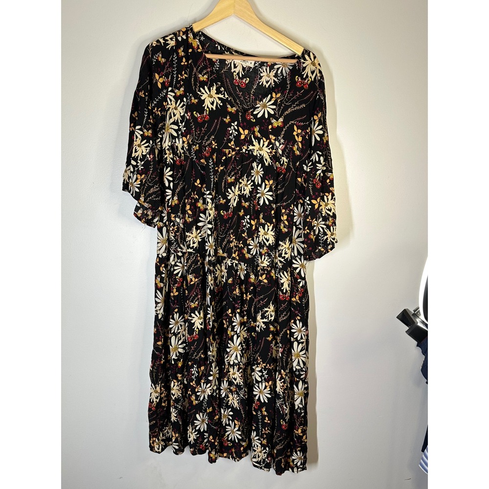 Natural Life Floral Butterfly Boho Tiered Midi Dress Womens M Flowy Garden